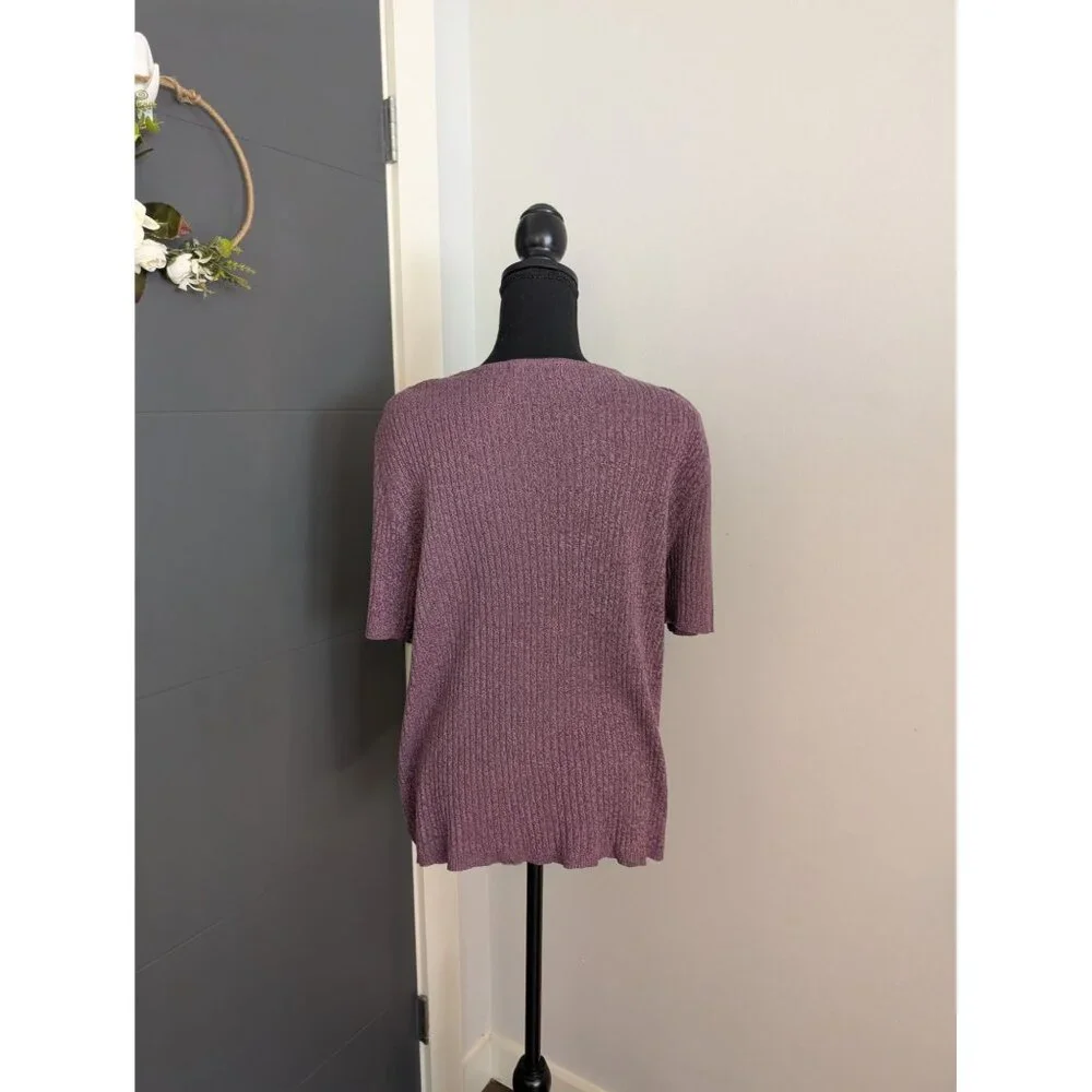 Vintage Laura Scott Women's Ribbed Knit Marled Purple Short Sleeve Sweater - XL - Picture 3 of 9